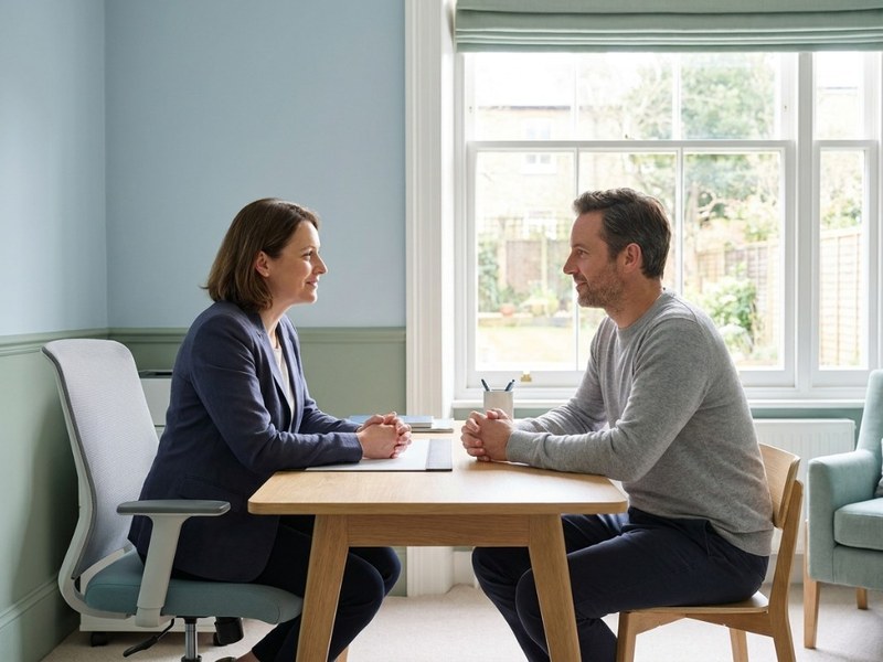 Healthcare professional and patient in a calm one-to-one consultation, listening attentively